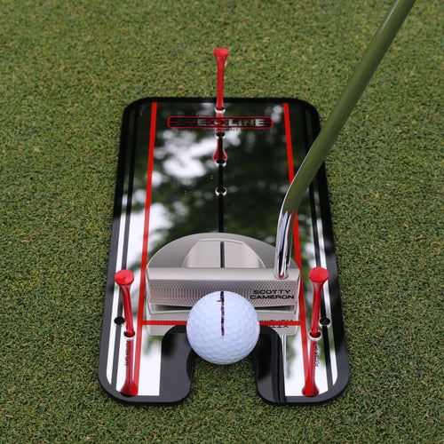 Golf putting alignment mirror with eye-line guides on green