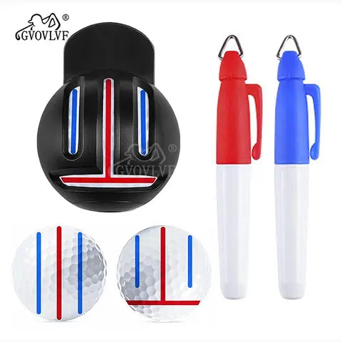 Golf ball line marker alignment stencil tool with red and blue marker pens