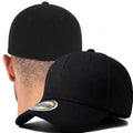 Black low-crown stretch fit performance golf cap, front and back view