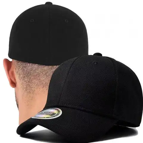 Black low-crown stretch fit performance golf cap, front and back view