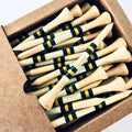 Fifty bamboo golf tees in open retail box